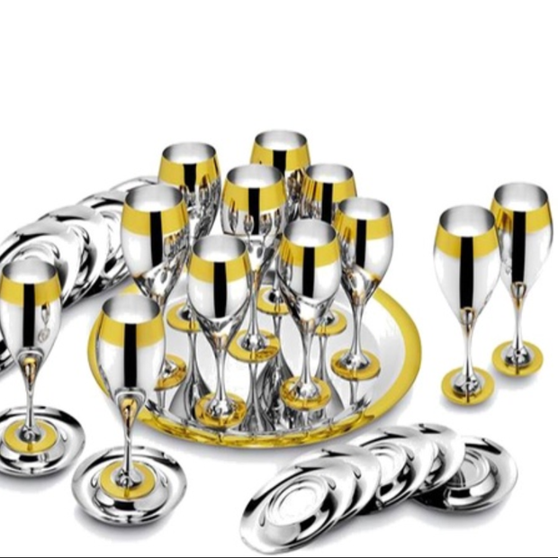 PRINCE,  СЕРВИЗ ЗА ВОДА И ВИНО ЗА 6 ДУШИ, 25 ЕЛ., позлатен